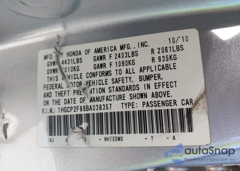 2011 Honda Accord 2.4 Ex-L z USA, uszkodzony, nr VIN 1HGCP2F89BA038357